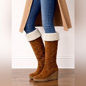 MICHAEL Michael Kors Crosby Suede Sherpa Lined Knee High Wedge Boots Size 7.5